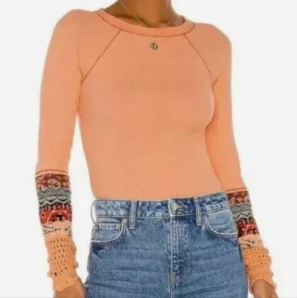Free People In The Mix Orange Sherbet Cuff Detail Waffle Thermal Knit Top - Picture 3 of 13
